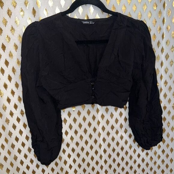Black balloon sleeve blouse flowy missing buttons size M - Picture 1 of 6